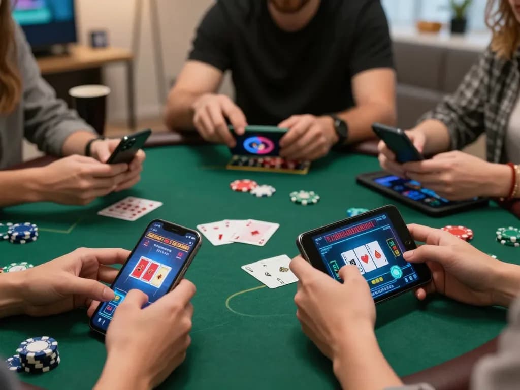 Online players engaging in a live Ricbet poker game on their devices, showcasing excitement and strategy.