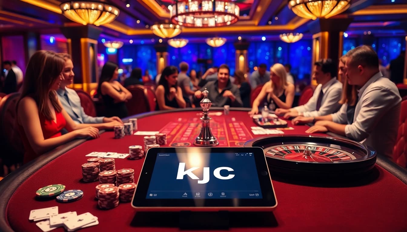 KJC casino action with luxurious poker chips and roulette wheel in an exciting gaming environment.