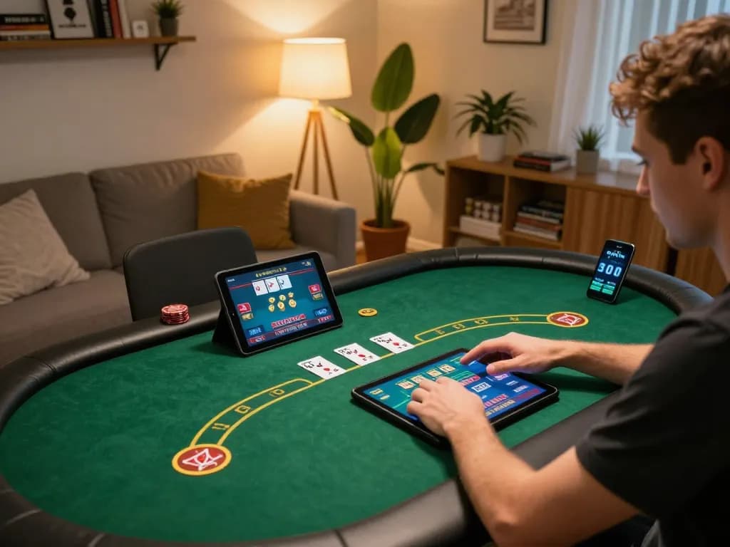 Player enjoying tip88 online poker with tablet, cozy home atmosphere, engaged in strategic gaming