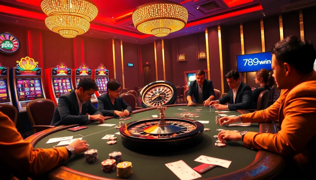 Experience the excitement of gambling at 789win link with vibrant poker games and slot machines lighting up the scene.