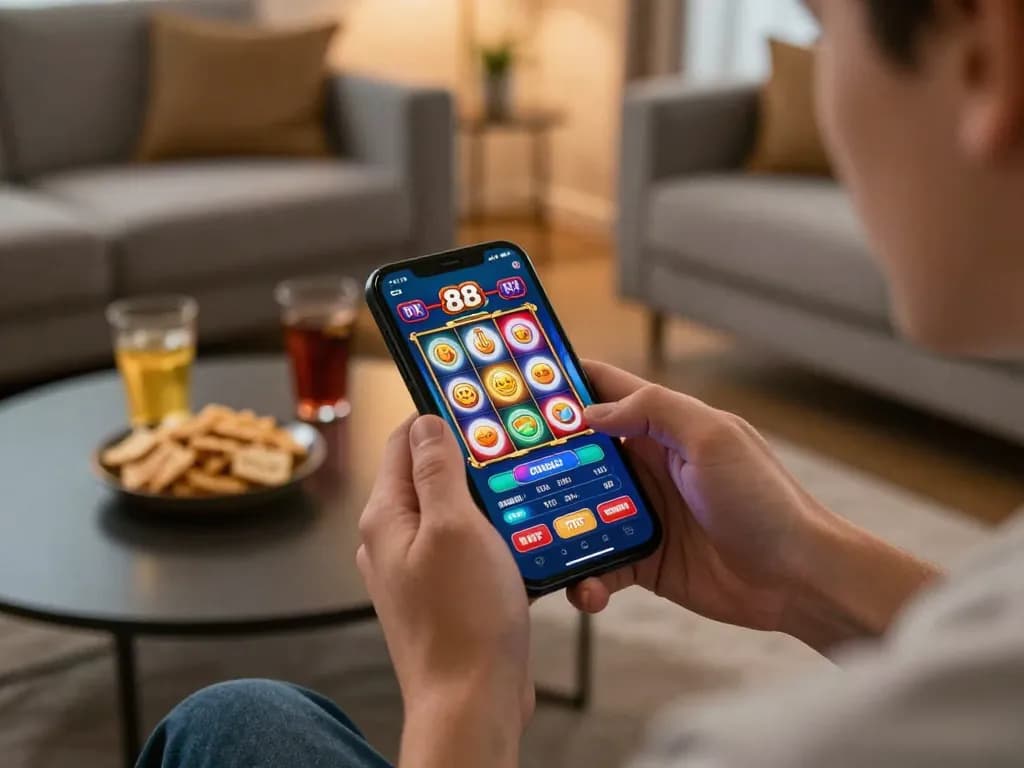 Player engaging with slot88 resmi mobile game, showcasing dynamic online casino experience at home.