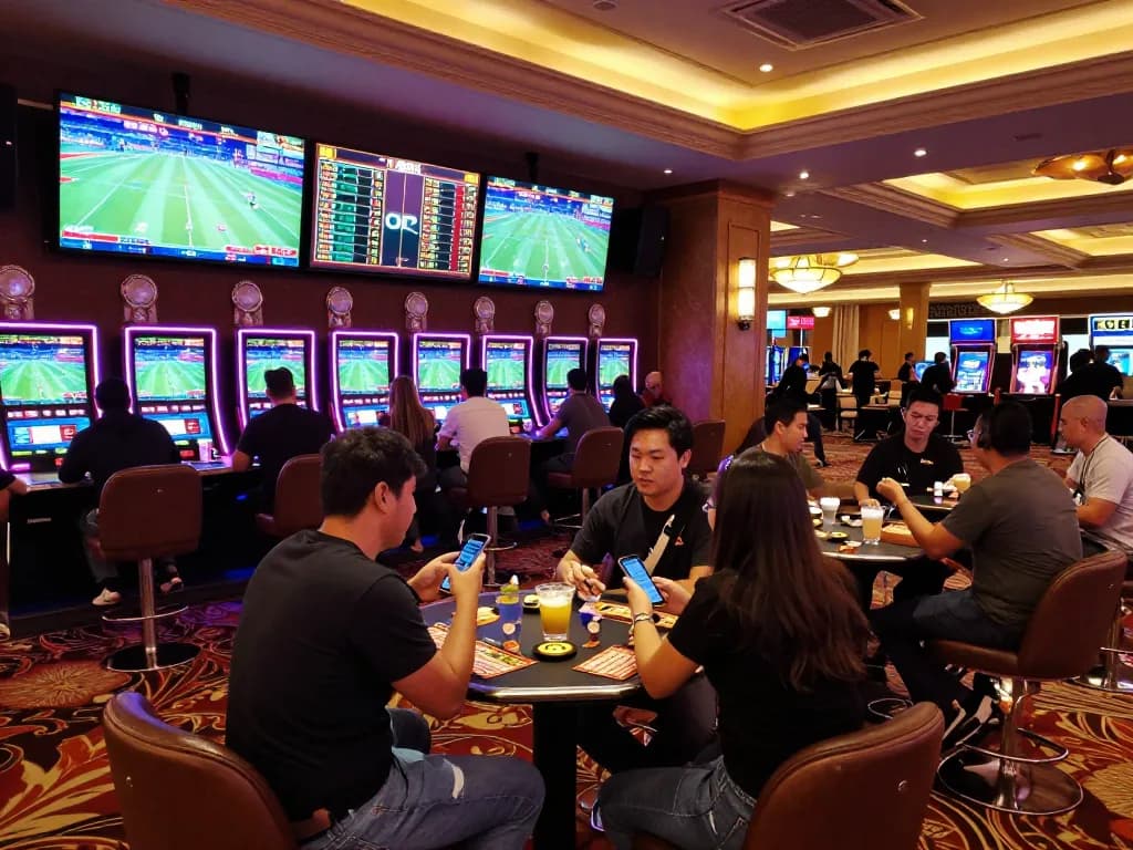 KJC sports betting area with patrons analyzing odds and engaging in betting strategies in a lively casino.