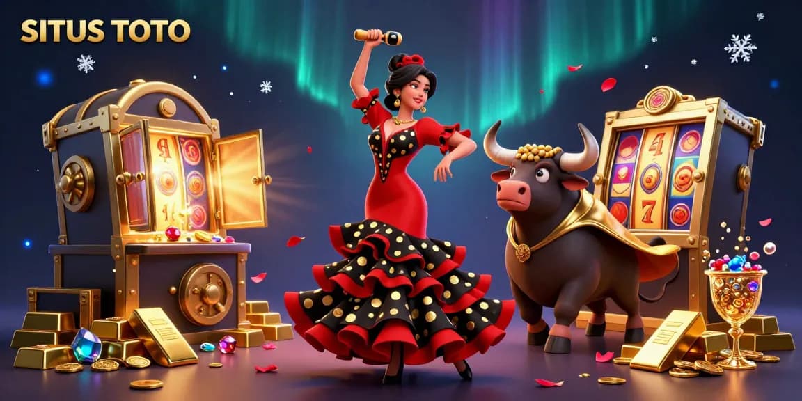 SITUS TOTO illustrates a dynamic casino scene with 3D characters and rich gaming elements, highlighting excitement and winning opportunities.