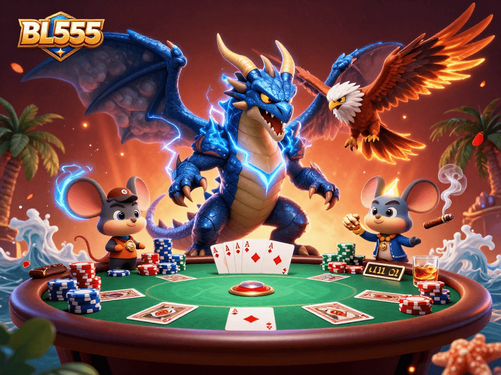 Engage in thrilling poker action with BL555 as a thunder dragon, wind hawk, and mouse mascot dominate the scene.