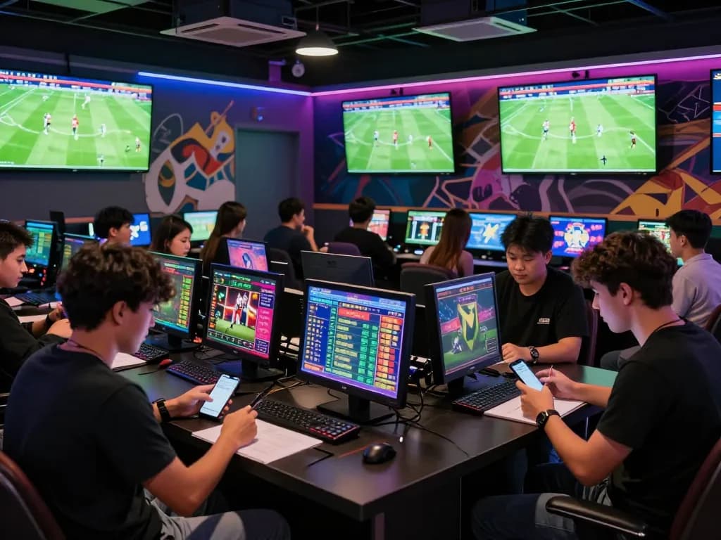 Kèo nhà cái scene depicting young adults engaged in sports betting, surrounded by screens showing live odds and a vibrant atmosphere.