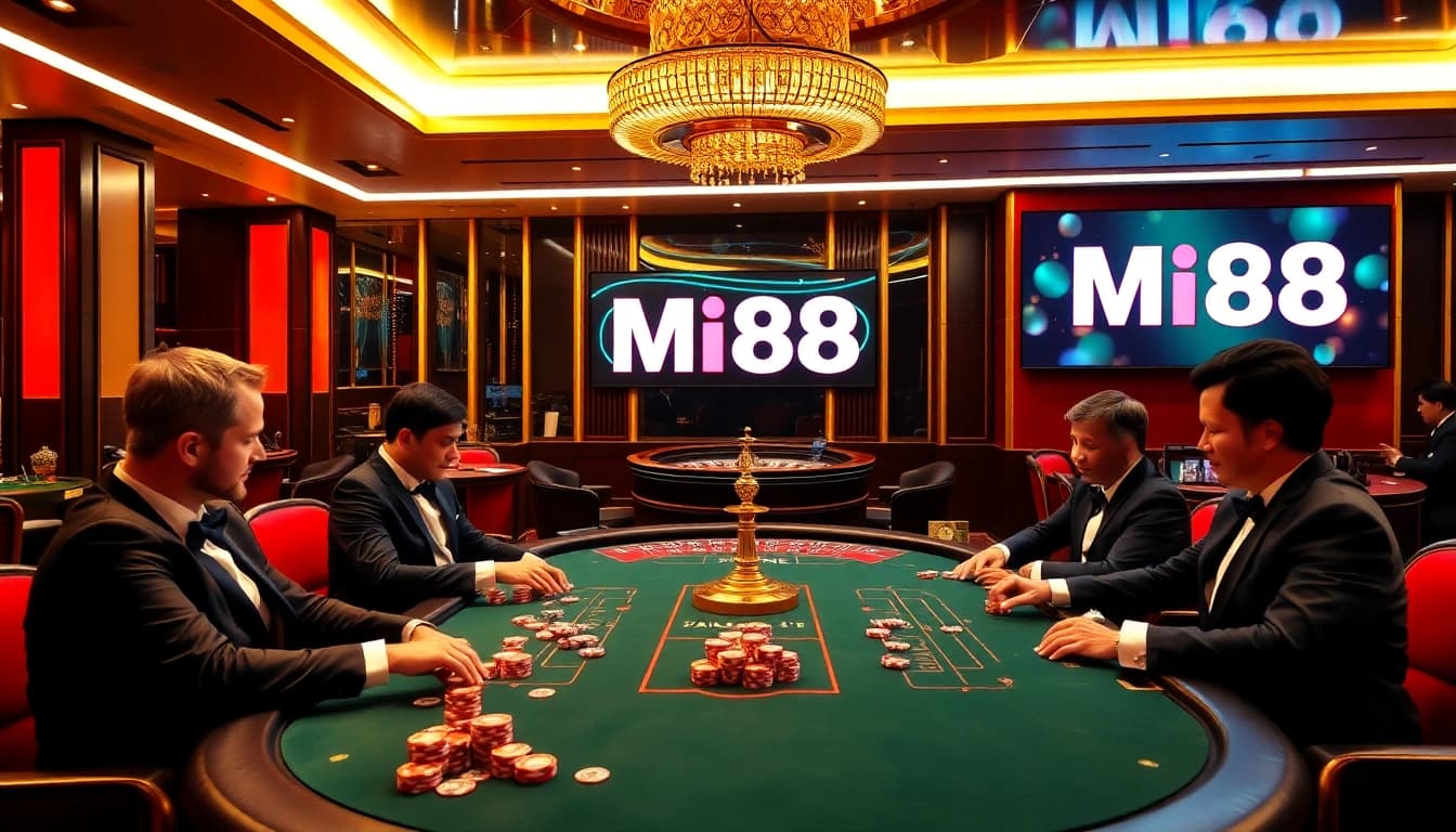 MI88 gaming experience showcasing vibrant poker tables and roulette wheels in a luxurious casino.