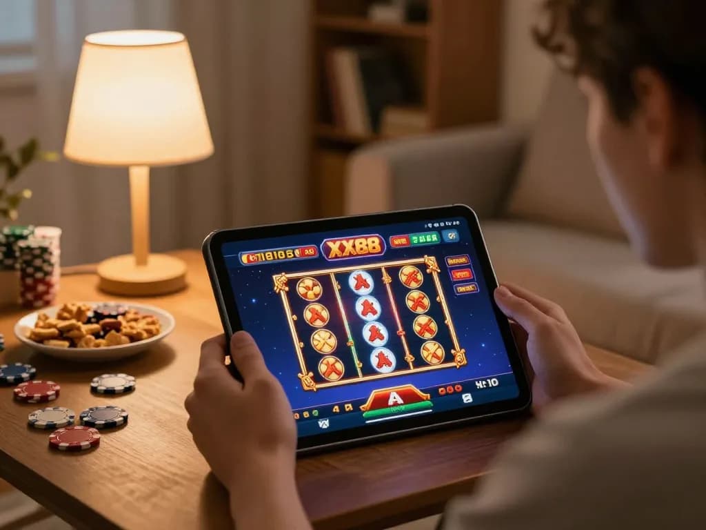 Player enjoying online gaming on XX88 app at home with cozy ambiance and snacks.
