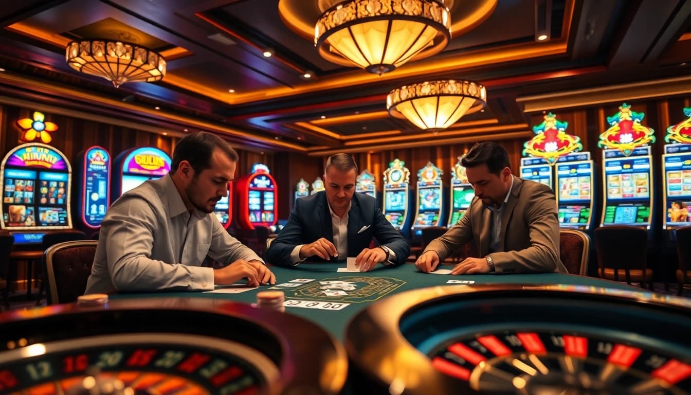 Exciting poker players competing at 88clb casino with colorful slot machines in the background.