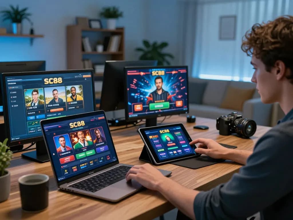 Playing SC88 casino games online from a cozy home office, showcasing strategic gameplay.