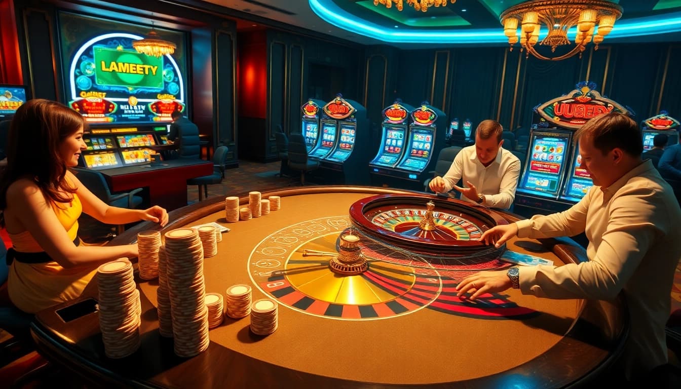 The UU88 casino scene showing a vibrant poker table, roulette wheel, and alluring slot machines.
