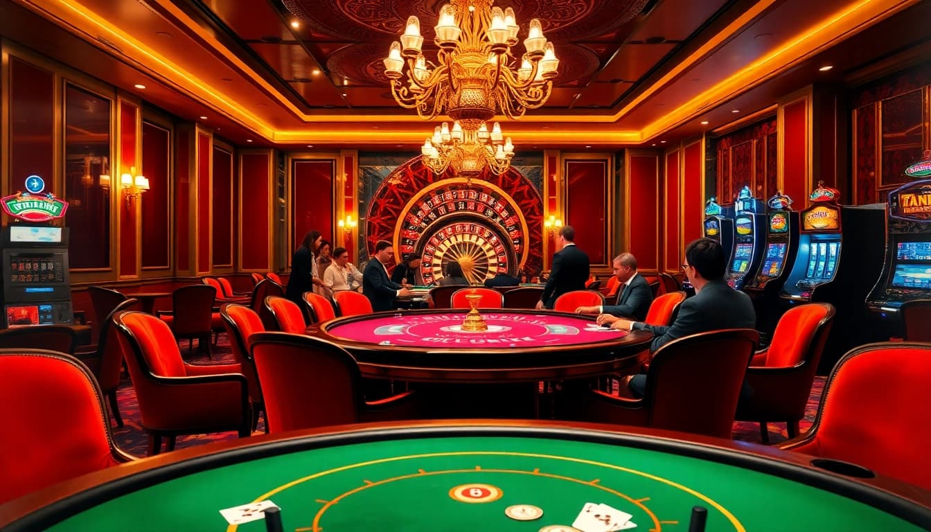 Action-packed Go8 casino scene with players at a vibrant gaming table, engaging in the thrill of gambling.