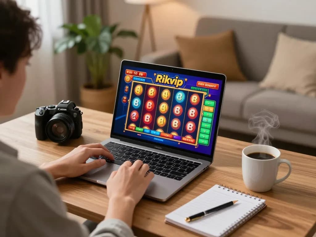 Player enjoying rikvip gaming on laptop at home, highlighting a lively online casino atmosphere.