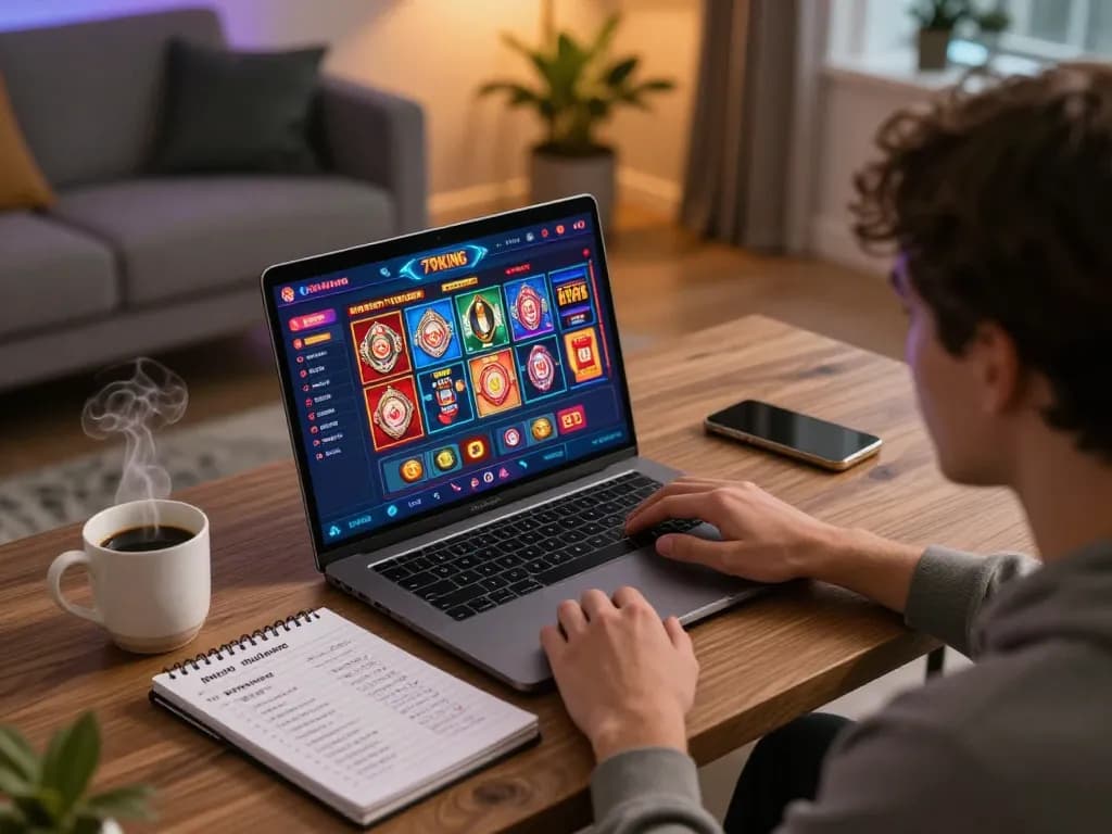 Player enjoying online casino gameplay at 79KING, laptop with vibrant game graphics visible, warm home atmosphere