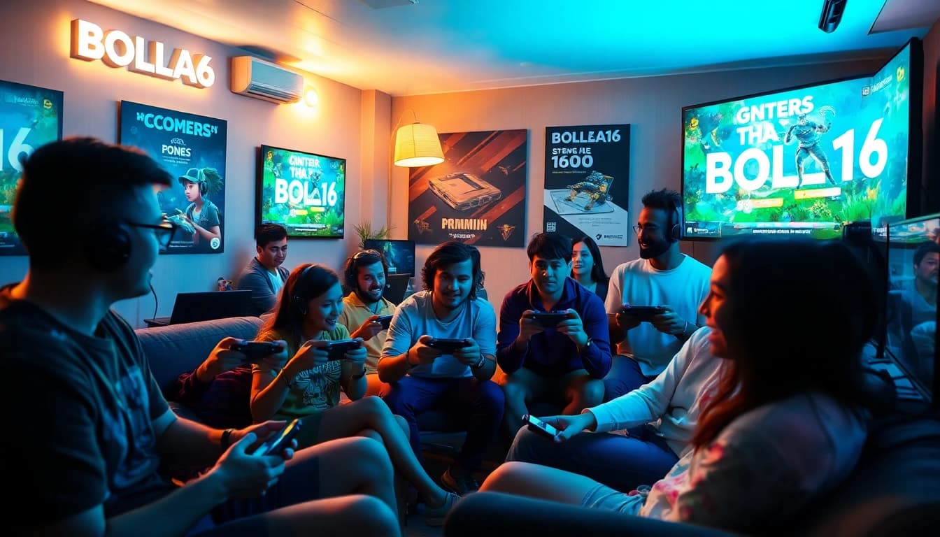 BOLA16 online gaming platform scene with players enjoying a vibrant gaming experience in a cozy environment.