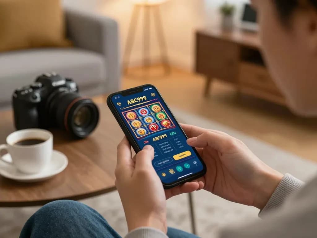 Player engaging with the ABC999 app on smartphone, showcasing online betting experience in a cozy home