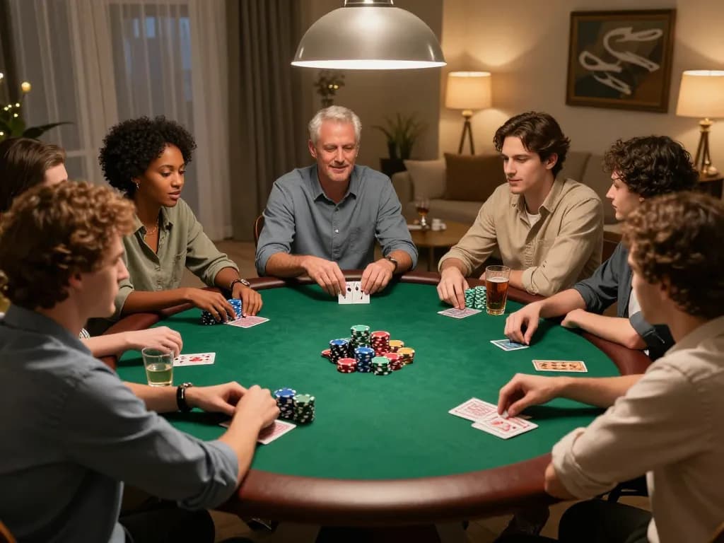 Enjoying a strategic poker night with friends at home, featuring BL555 gameplay.