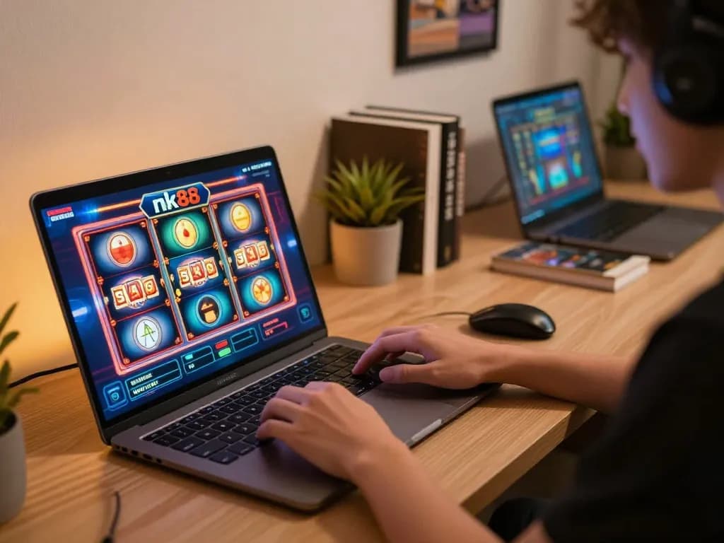 Engaging player using nk88 online slots on a laptop in a cozy home setup