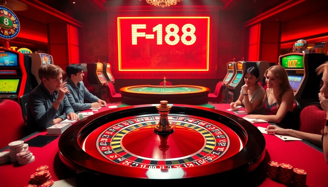 Players engaging in thrilling roulette action at F168 casino, surrounded by vibrant gambling elements.