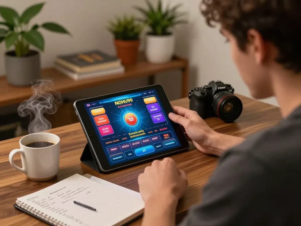 Player engaging with NOHU90 casino app on tablet, showcasing modern responsible gaming.