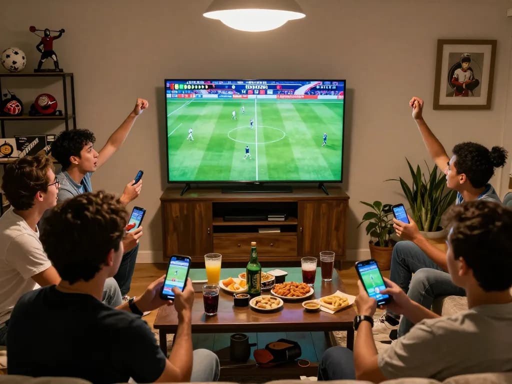 Engaged friends placing bets using smartphones while watching kết quả bóng đá in a warm, lively home setting.