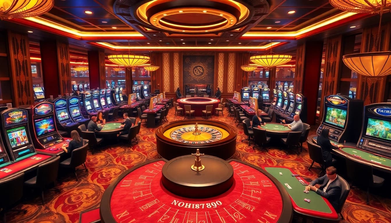Experience the thrill of NOHU90 with players enjoying poker and roulette in a luxurious casino setting.