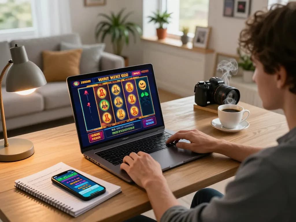 Engaging in online slot games at https://92slot.net/ with a cozy gaming setup, showcasing vibrant graphics and personal comforts.