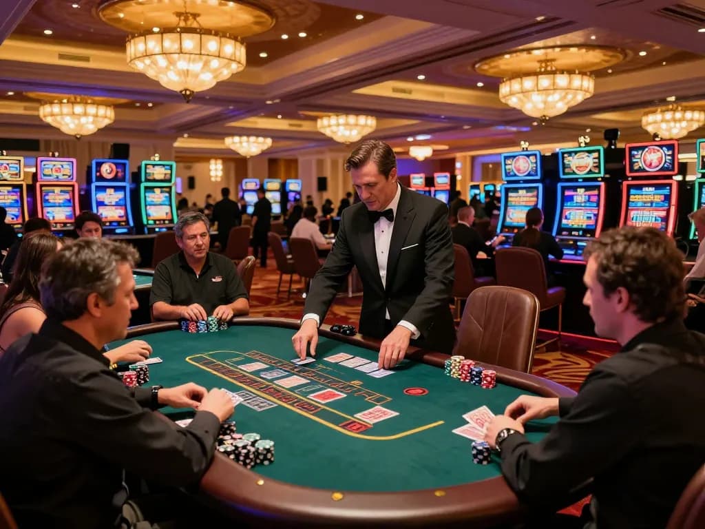 Xo88 players engaging in live blackjack at a lively Las Vegas casino, chips and cards in action.