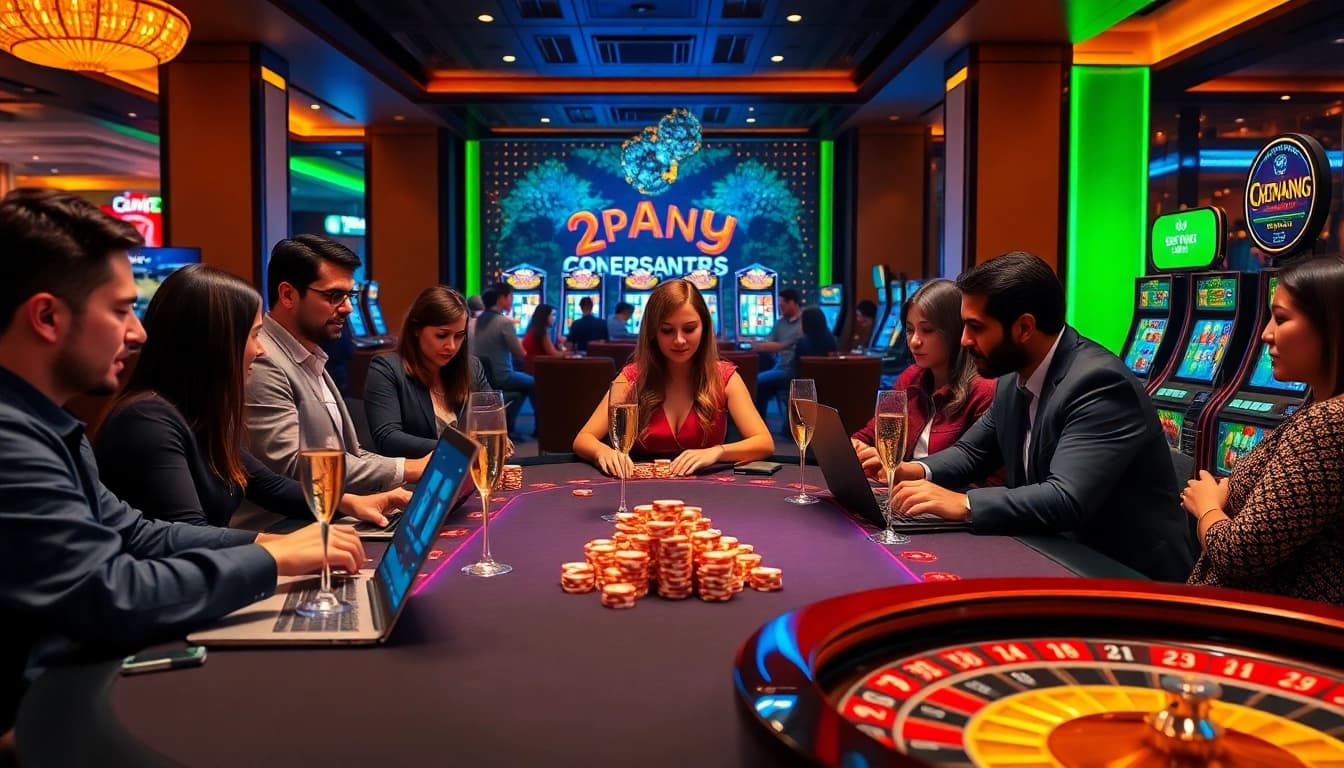 Experience immersive online gaming at https://1mm888.com/ with players at a vibrant casino table.