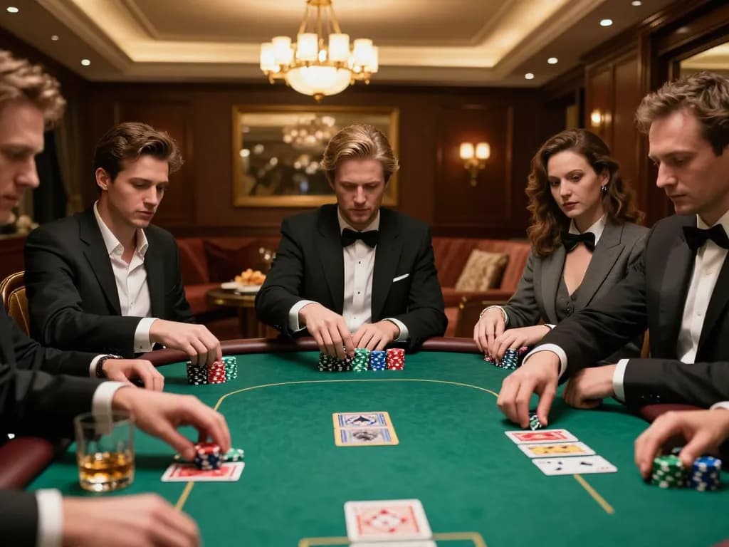 Players engaging in strategic poker gameplay at fabet, showcasing intense focus and luxurious ambiance.