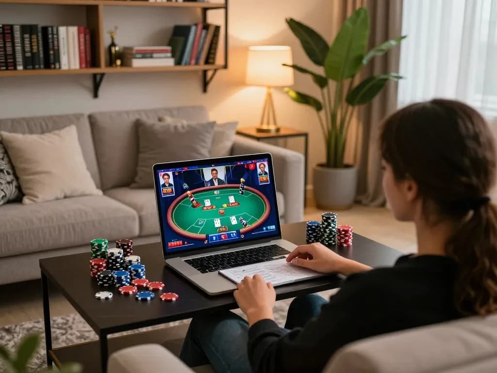 Tg88 online poker player analyzing strategies on laptop in a cozy living room.