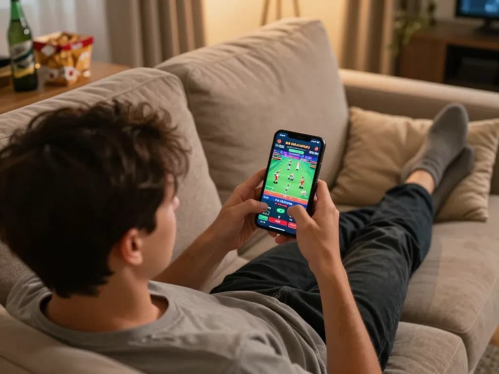 Engaged player watching Đá gà trực tiếp live match on mobile app in cozy home setup