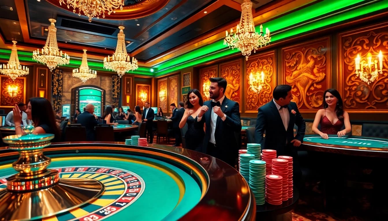 Players enjoying a thrilling roulette game at https://mm88.us.com/, surrounded by vibrant casino decor.