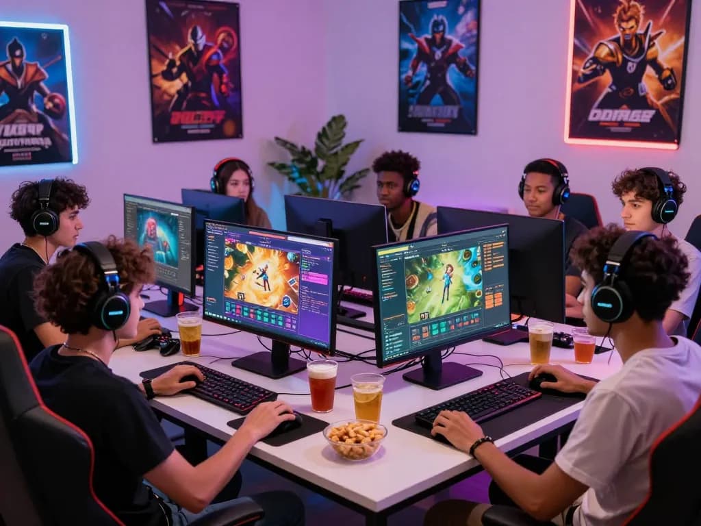Friends enjoying gaming together on the 789P platform with vibrant screens and snacks.