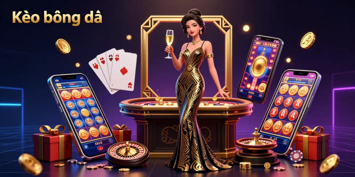 Kèo bóng đá showcases a glamorous scene with an Asian woman and lively casino elements including slot games and roulette.