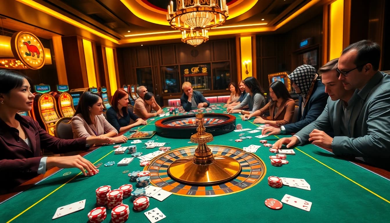 GK 88 players engage in thrilling casino gameplay with poker chips and cards.