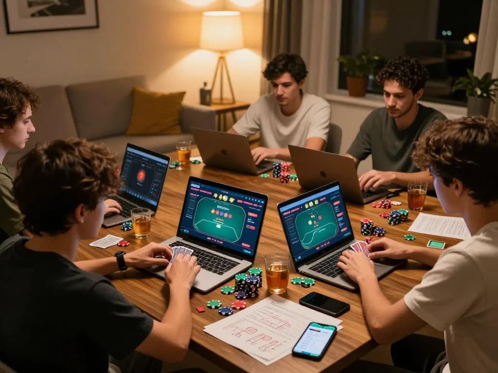 Players enjoy a thrilling online poker night with fabet app, showcasing strategy and engagement at home.