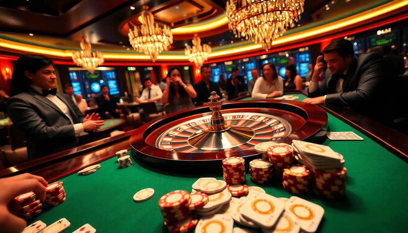 Players strategizing at a luxurious win79 casino table, surrounded by poker chips and cards.