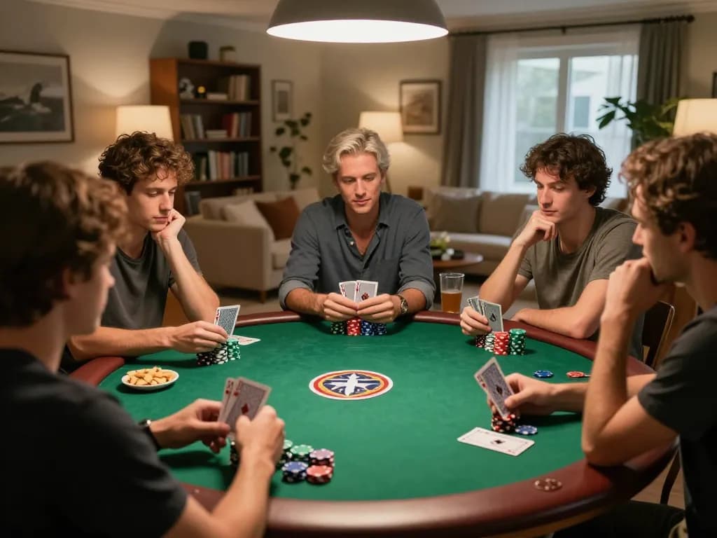 Friends enjoying a poker game night at home, featuring five88 chips and deep strategic play.