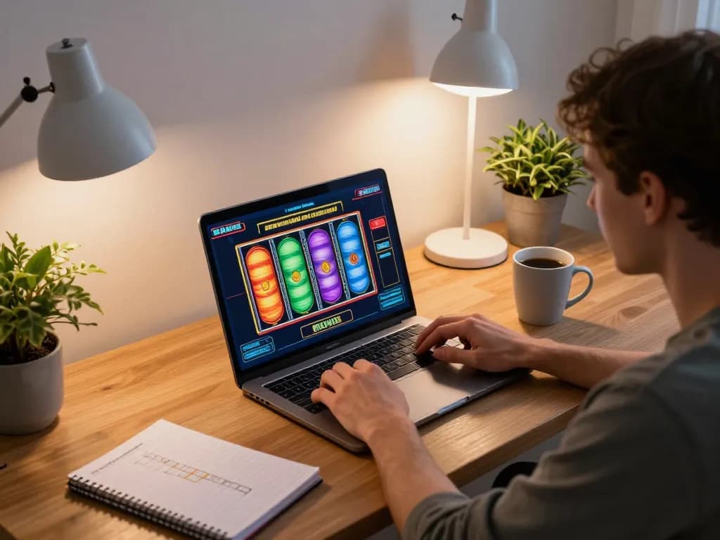 Person playing mb66 online slots on a laptop in a cozy home setting, focused and engaged in gameplay.