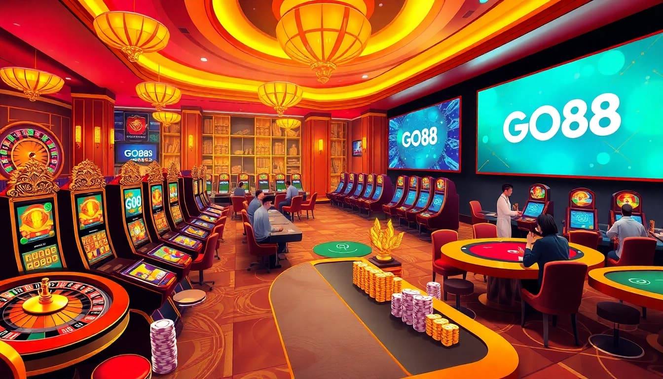 Gambling with GO88 at an elegant casino featuring vibrant tables and slot machines.