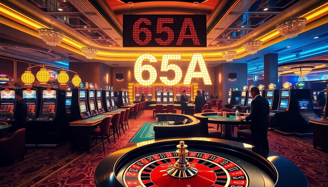 A thrilling casino scene showcasing the excitement of 65A with eager players at slot machines and poker tables.