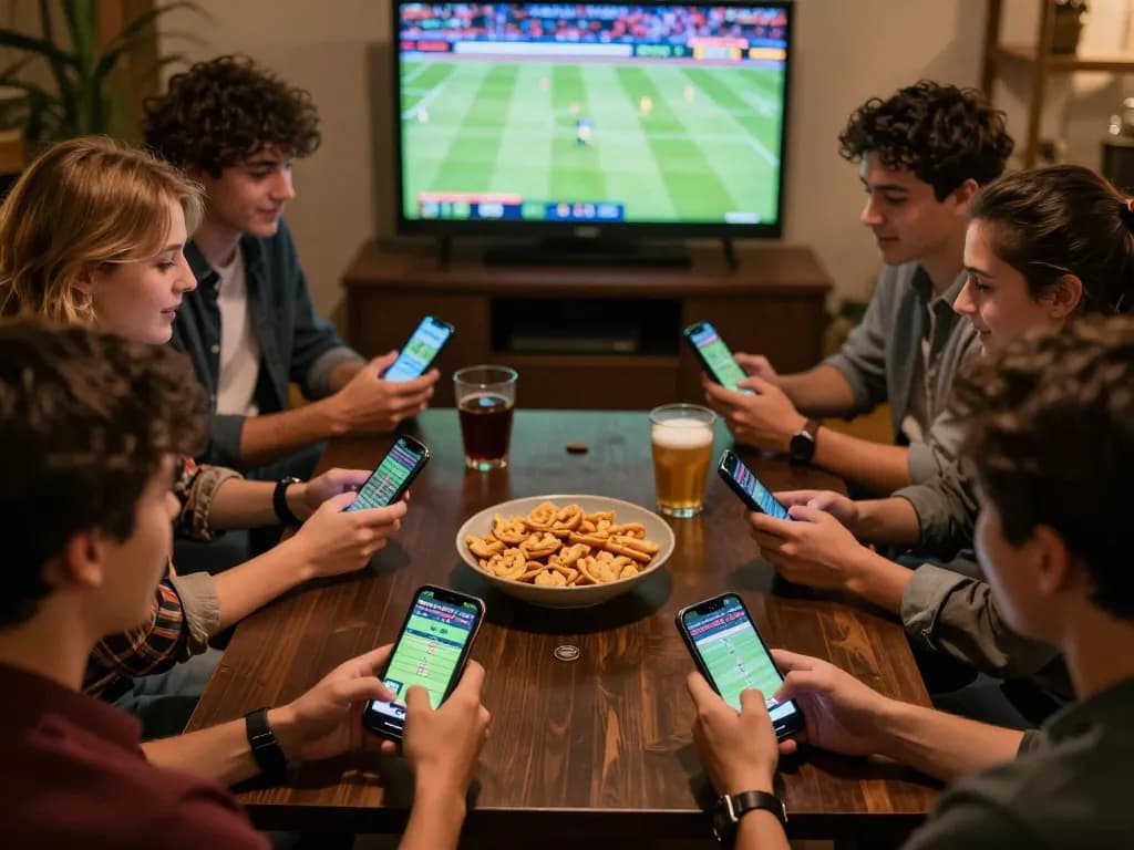 Friends placing bets on keonhacaii88 during an exciting sports game, enjoying a lively atmosphere.