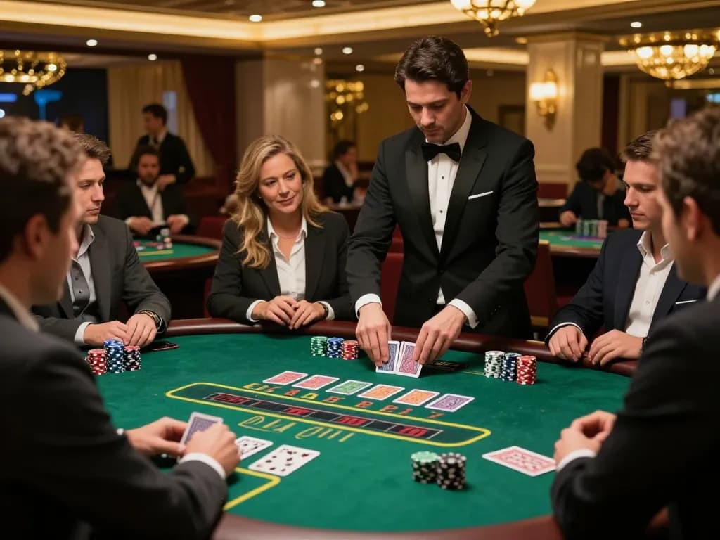 abc8 players engaged at the blackjack table, dynamic casino scene showcasing thrilling gameplay.
