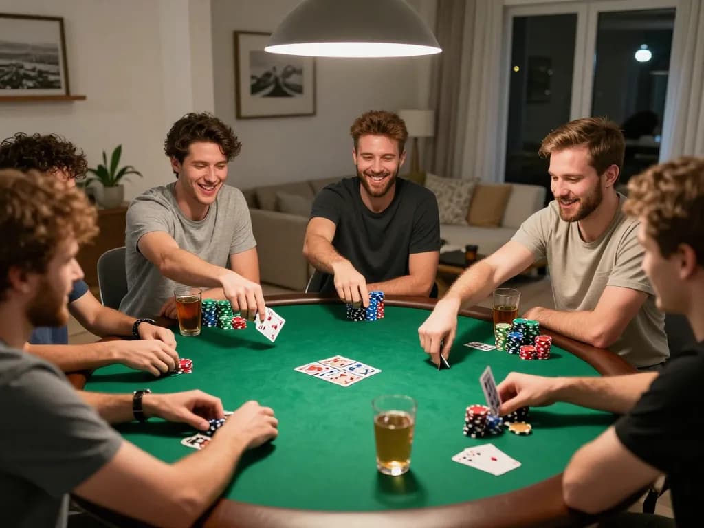 Friends enjoying a poker night at home, playing red888 with vibrant chips and warm ambiance