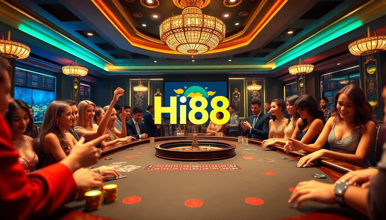 Experience the excitement of Hi88 in a vibrant casino scene with poker, roulette, and luxury.