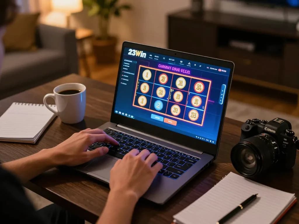 Playing exciting slot games on 23Win's online platform during a cozy gaming session