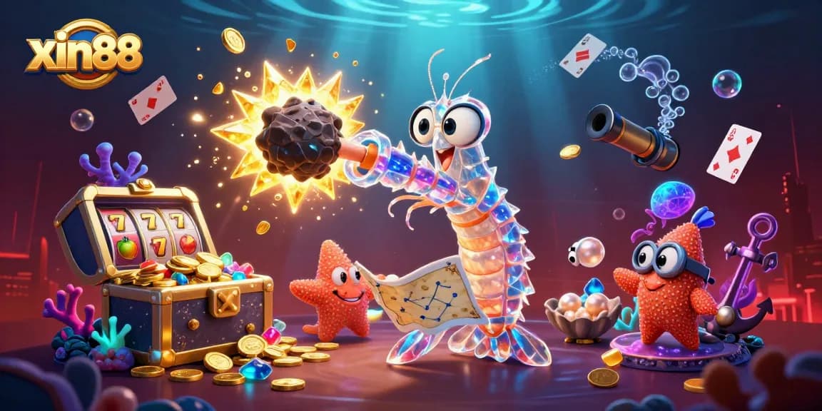 Experience thrilling gaming action with xin88 as a mantis shrimp and starfish navigate a vibrant casino-like underwater world.