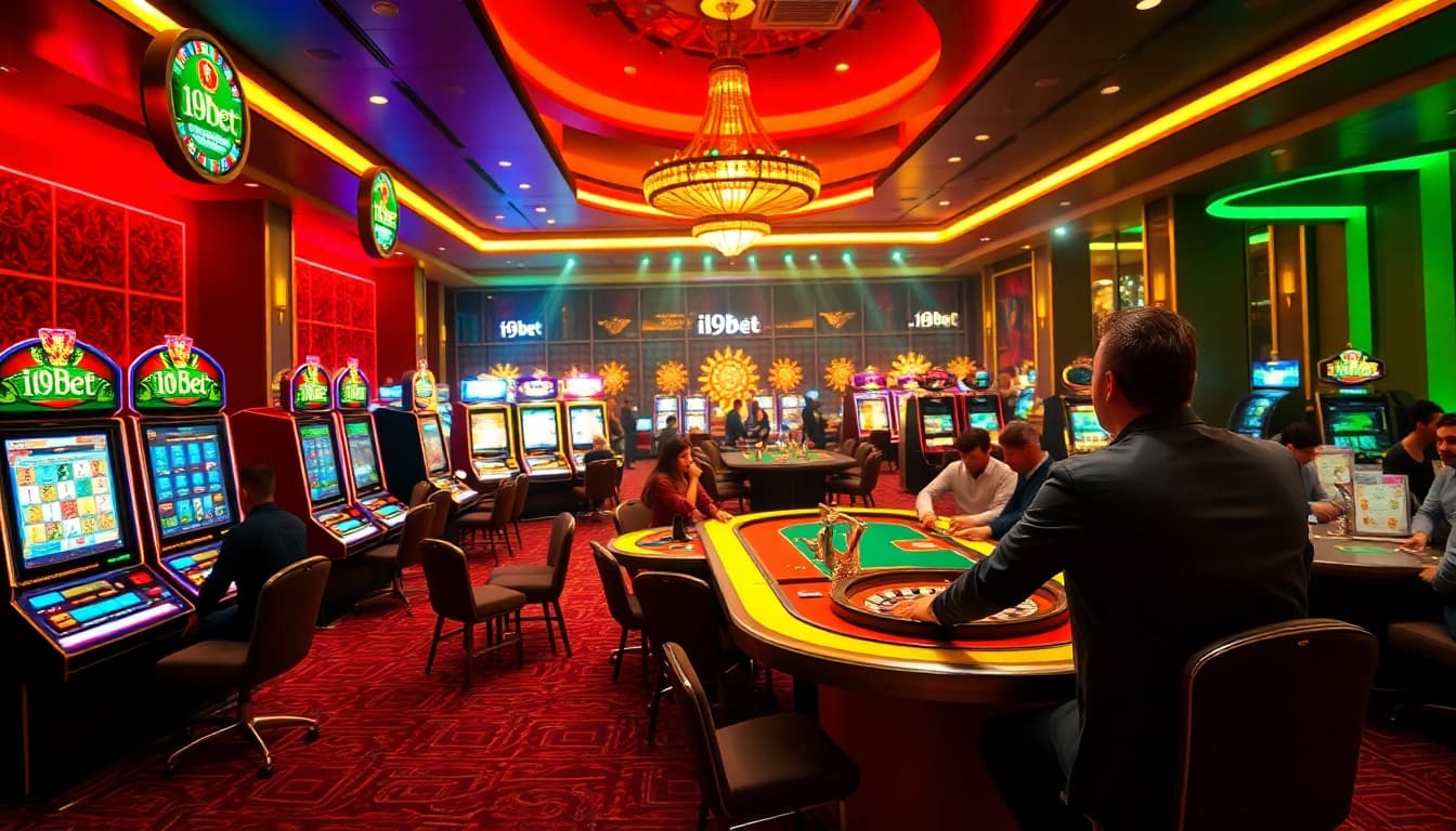 i9bet gaming room displaying vibrant slot machines and a roulette wheel, celebrating excitement.