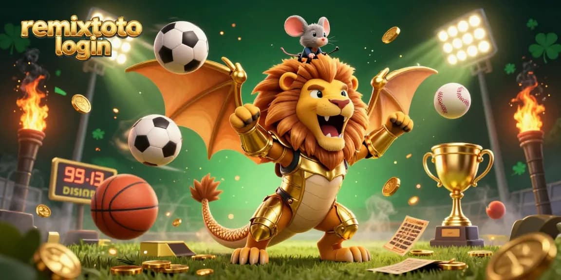 Join the excitement with the remixtoto login image featuring a triumphant chimera and sports elements.