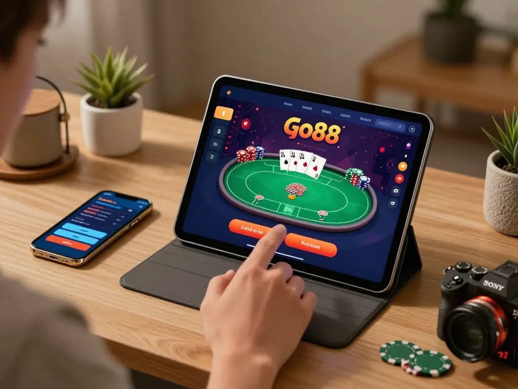 Engaging with Go88 casino app on tablet showing dynamic poker game interface.
